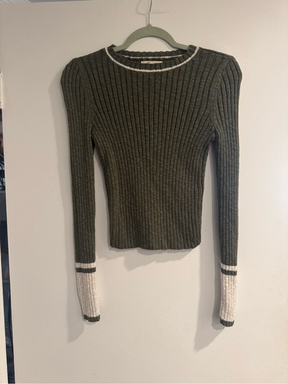 Hollister Ribbed Olive Green Crewneck Sweater Small S Cream Trim Y2K